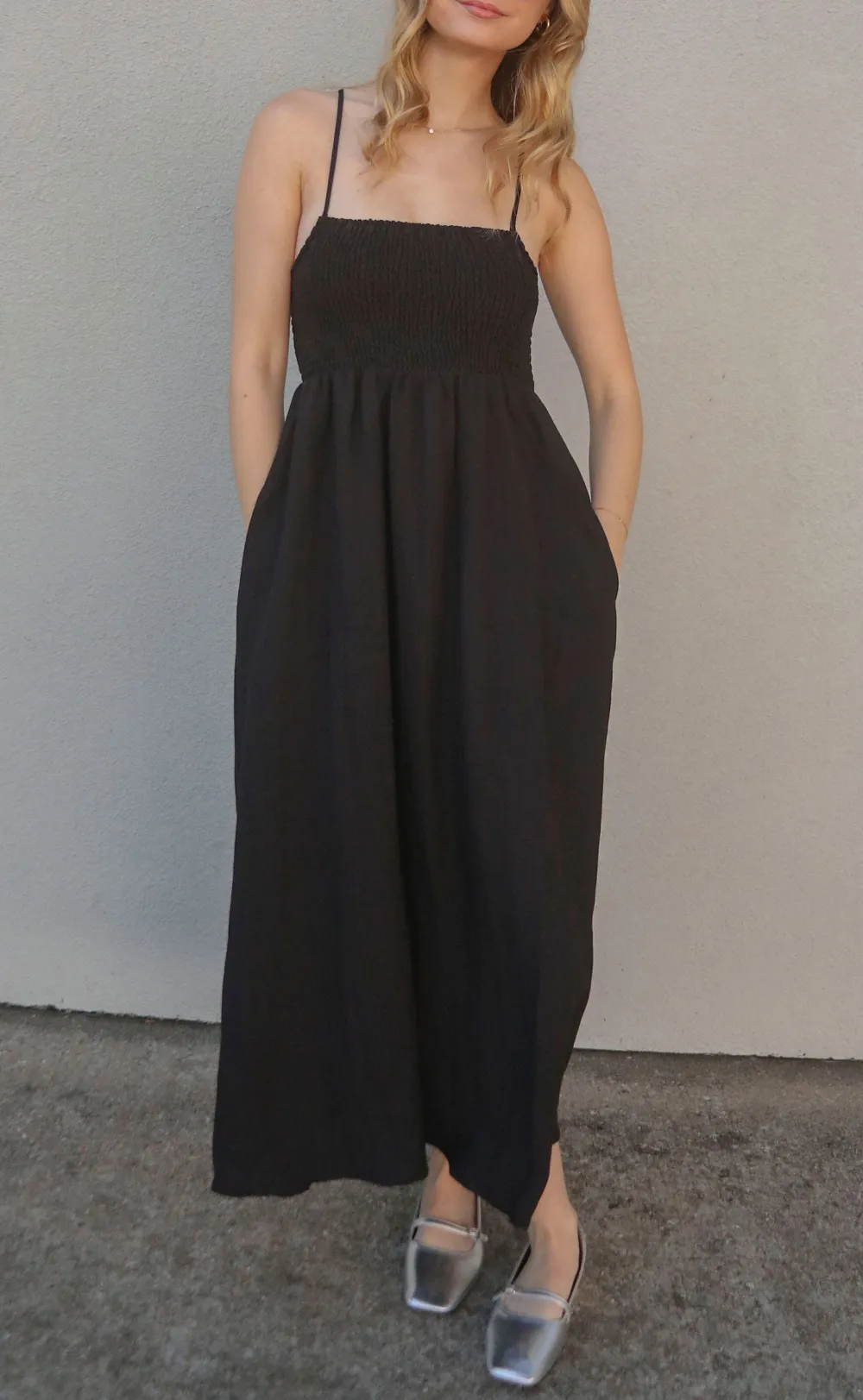 Black Smocked Strappy Midi Dress