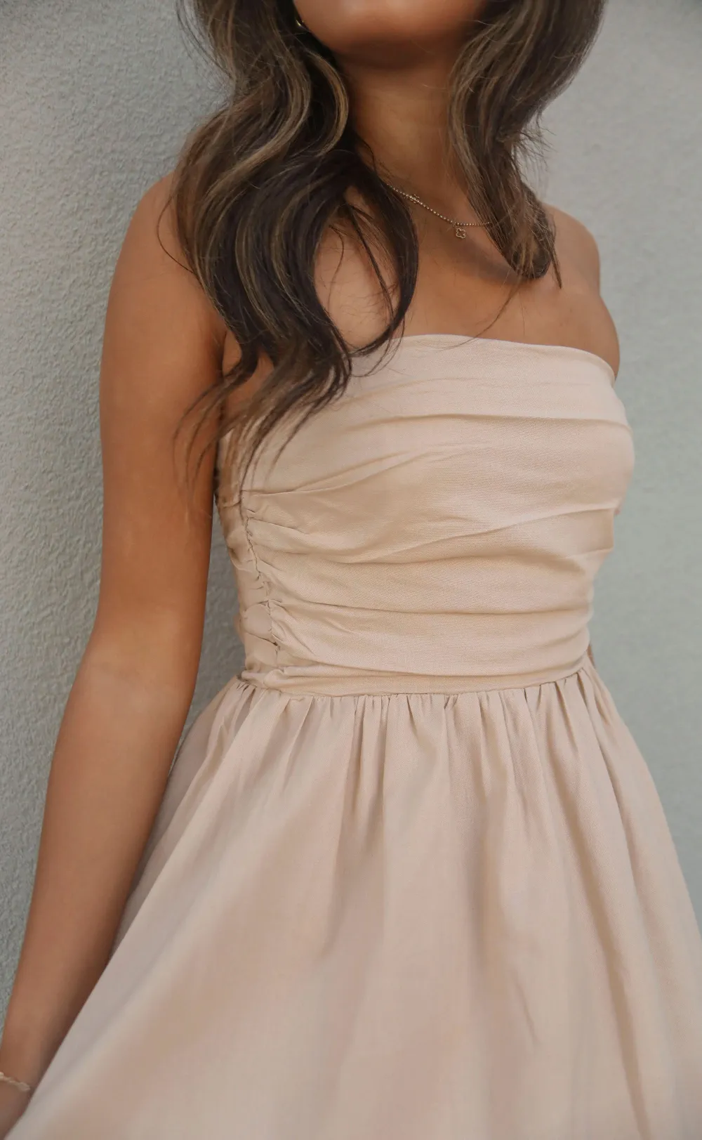 Beige Strapless Ruched Mini Dress