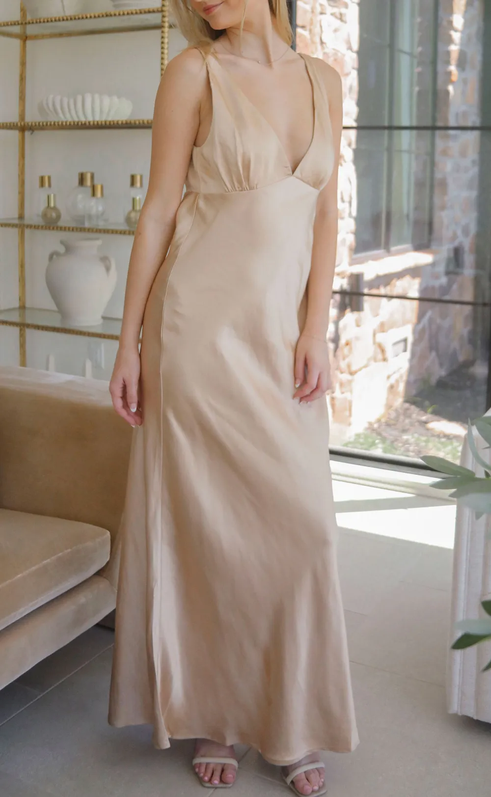 Beige V Neck Sleeveless Maxi Dress