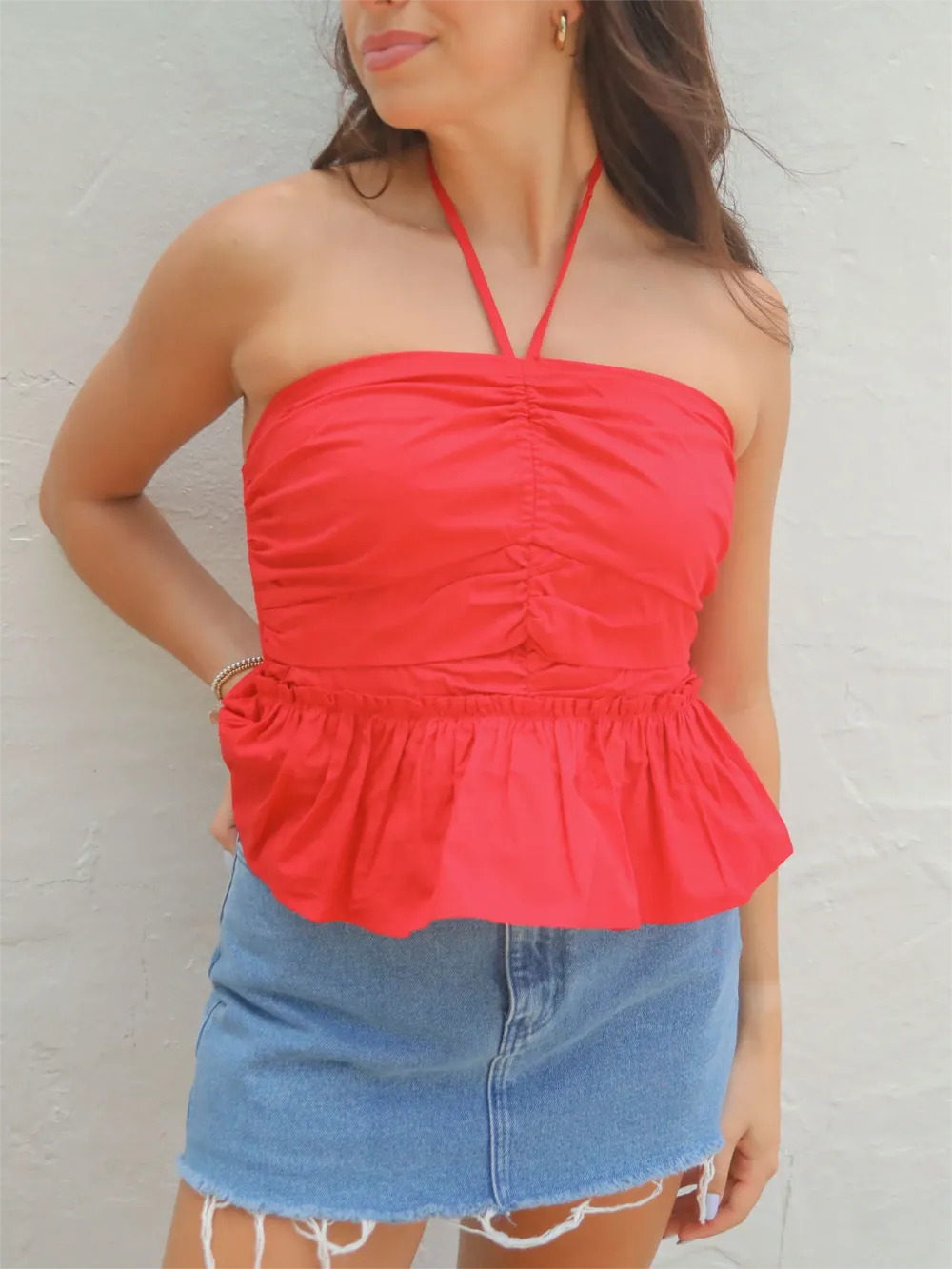 Halter Neck Ruched Peplum Top