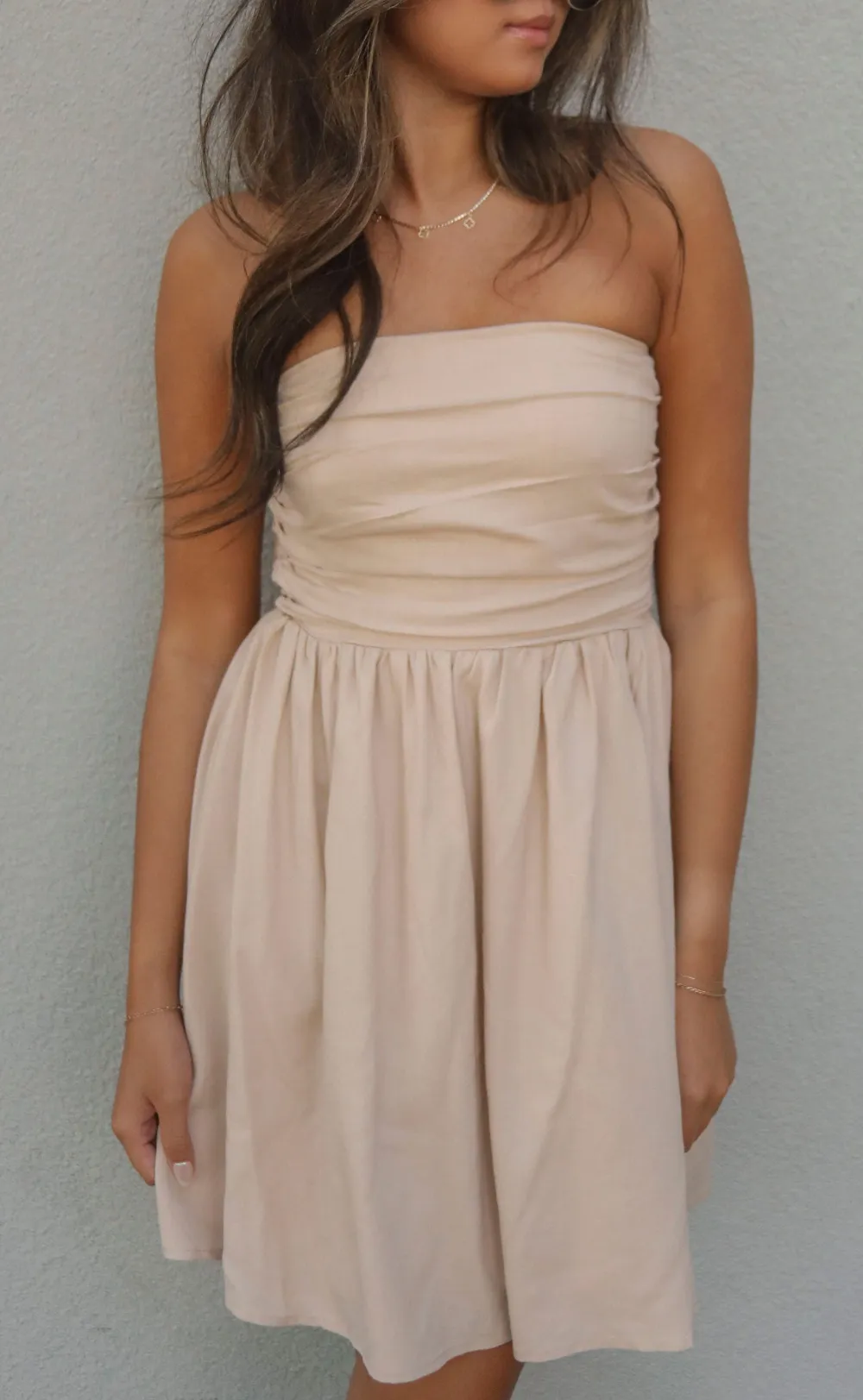 Beige Strapless Ruched Mini Dress