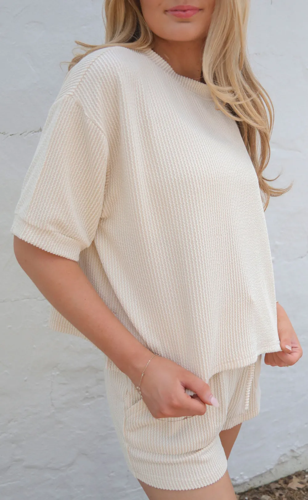 Beige Textured Short Sleeve Set